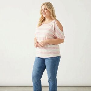 Suzanne Betro Plus Size 2X Pink White Stripe Cold Shoulder Top Short Sleeve New